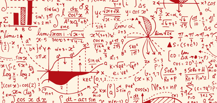 Math education vector pattern with handwritten formulas, tasks, plots,