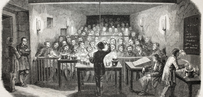 Old illustration of an industrial chemistry lesson for workers. Created by Flemeng, published on L'Illustration, Journal Universel, Paris, 1857