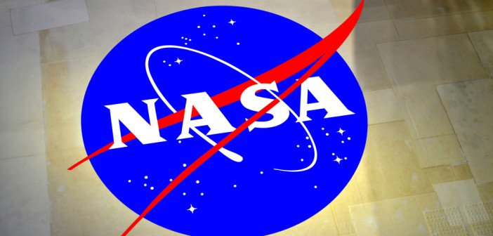 Cape Canavera, Florida, USA - May 6, 2015: NASA insignia printed on the outside of the Space Shuttle tiles