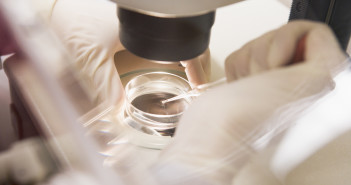 Embryologist transferring egg to special culture media in petri dish