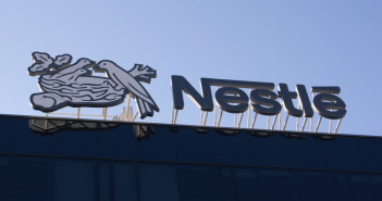 The headquarters of Nestle chocolate factory in the capital city of Prague in the Czech Republic. Detailed view of the logo.